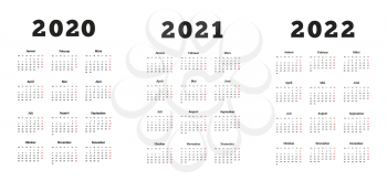 Set of A4 size vertical simple calendars in german at 2020, 2021, 2022 years on white