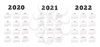 Set of A4 size vertical simple calendars in spanish at 2020, 2021, 2022 years on white