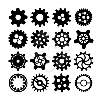 Set of black different silhouettes of cogwheels isolated on white