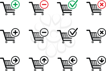 Set of black shopping carts icons with add, delete and move signs on white