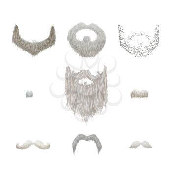 Set of detailed gray mustaches and beards isolated on white