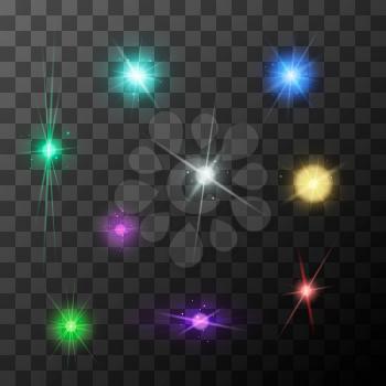 Set of different starbursts with colourful sparkles on transparent background