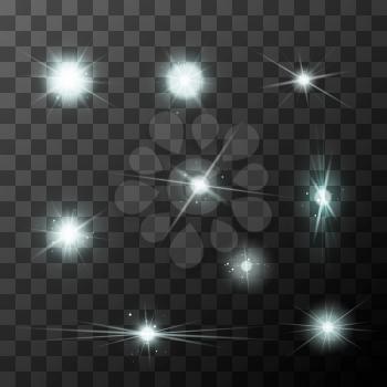 Set of different starbursts with white sparkles on transparent background