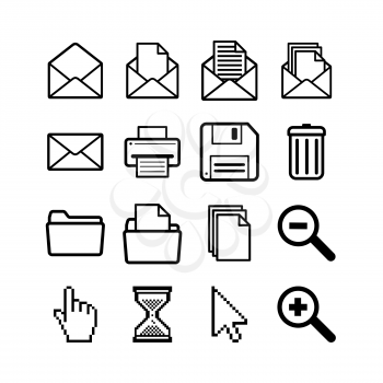 Set of general user interface pictograms for common operations like open,save,print and delete, simple black icons on white