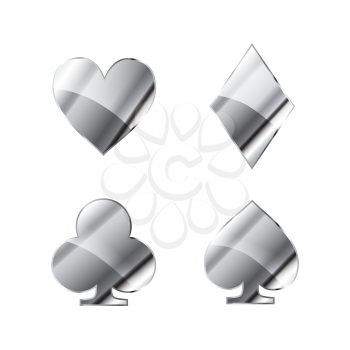 Set of glossy silver card suits icons like hearts, diamond, spades and clubs on white