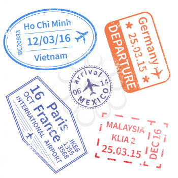 Set of International travel visa stamps on white. Arrivals signs rubber stamps.