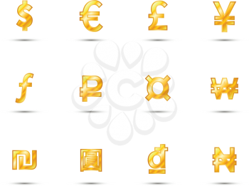 Set of main currency signs icons made of shiny gold