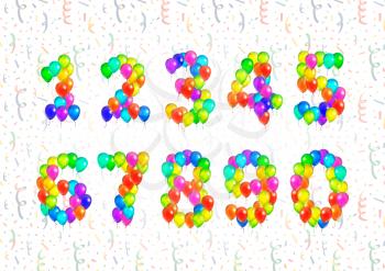 Set of number symbols made up from bright colorful balloons on white background with confetti