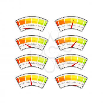 Set of performance measurement indicators with different value zones on white