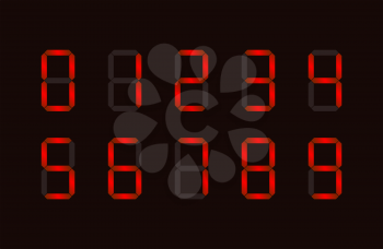 Set of red digital number signs made up from seven segments on dark background