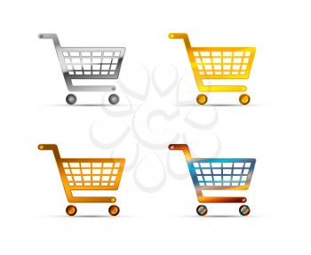 Set of shopping carts icons made of silver, gold and bronze metal on white