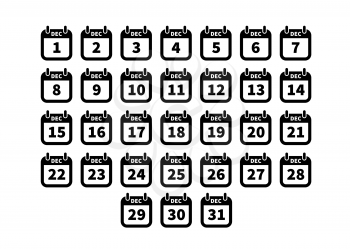 Set of simple black calendar icons on december on white