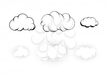 Set of six retro hand drawn engraving clouds isolated on white