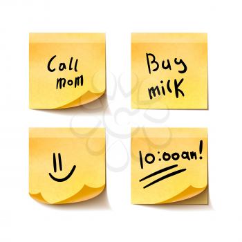 Set of yellow realistic sticky notes with simple short messages on white background