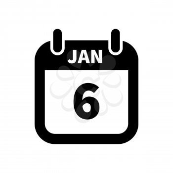 Simple black calendar icon with 6 january date on white