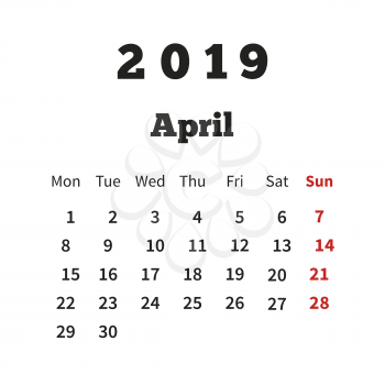 Simple calendar on april 2019 year with week starting from monday on white