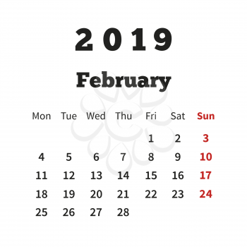 Simple calendar on february 2019 year with week starting from monday on white