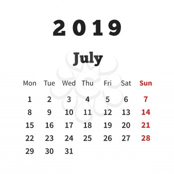 Simple calendar on july 2019 year with week starting from monday on white