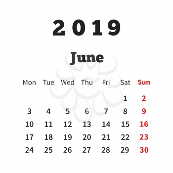 Simple calendar on june 2019 year with week starting from monday on white