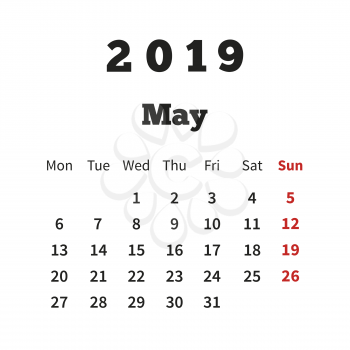 Simple calendar on may 2019 year with week starting from monday on white