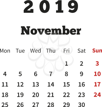 Simple calendar on november 2019 year with week starting from monday on white