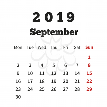 Simple calendar on september 2019 year with week starting from monday on white
