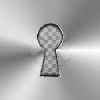 Simple keyhole in bright glossy metal plate on transparent background
