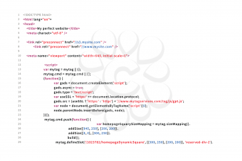 Simple website HTML code with colourful tags in browser view on white background.
