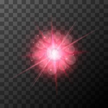 Star burst with red sparkles on transparent background. Sunny glow lighting effect.