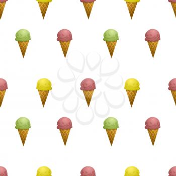 Strawberry, lemon and pistachios ice cream cone on white seamless pattern