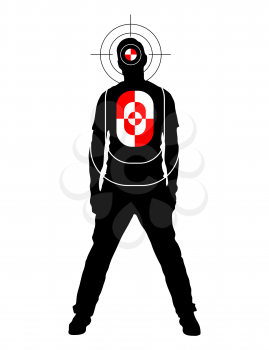 Target for shooting practice in man silhouette shape with marks on head and body, isolated on white
