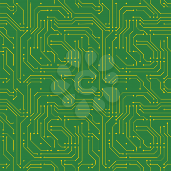 Technology background with golden microchip pattern on green, motherboard seamless pattern
