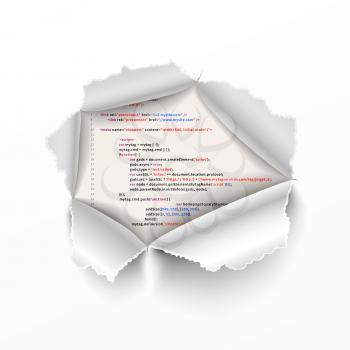 Torn hole in white sheet of paper on complicated HTML program code