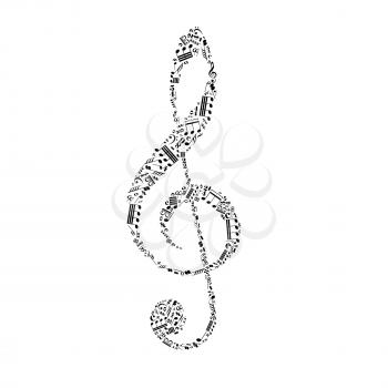 Treble clef sign made up from black music notes isolated on white