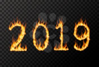 2019 number made from bright fire flames on transparent background