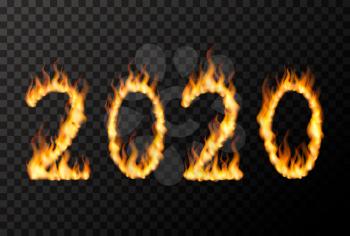 2020 year, lettering made from bright fire flames on transparent background