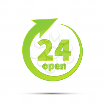 24 hours open, bright green simple icon isolated on white