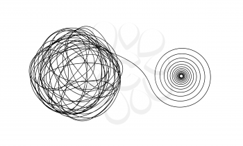 Accurate spiral flow from chaotic ravel of thin black lines isolated on white