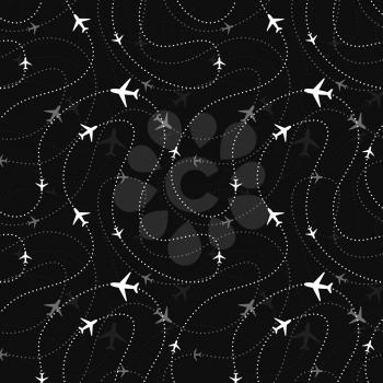 Airline routes with planes icons , seamless pattern on dark