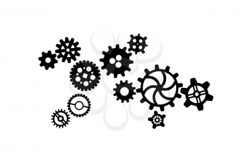 A lot of black different silhouettes of cogwheels, steampunk mechanism isolated on white