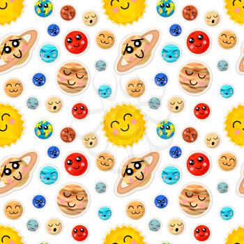 A lot of bright cartoon planets of solar system with cute faces, seamless pattern on white