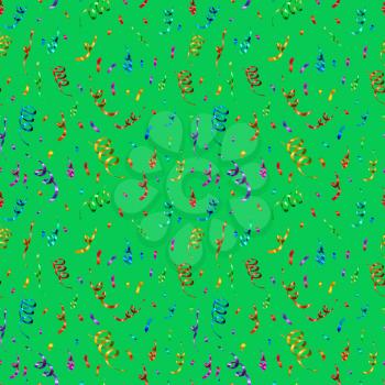 A lot of bright colorful confetti and serpentine on green background, anniversary party seamless pattern