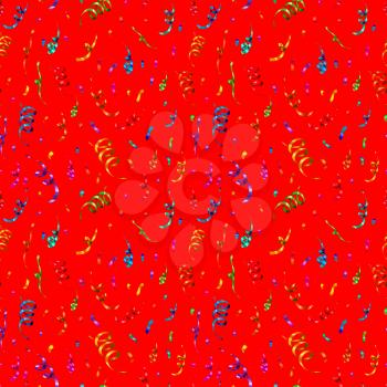 A lot of bright colorful confetti and serpentine on red background, anniversary party seamless pattern