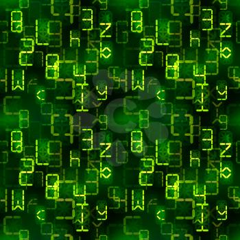 A lot of bright green digital retro electronic led signs on dark, complicated calculations seamless pattern