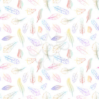 A lot of different colorful exotic feathers on white, seamless pattern