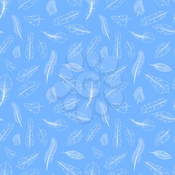 A lot of different white exotic feathers on blue, seamless pattern