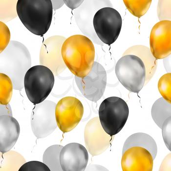 A lot of luxury balloons in gold, silver and black colours, seamless pattern on white