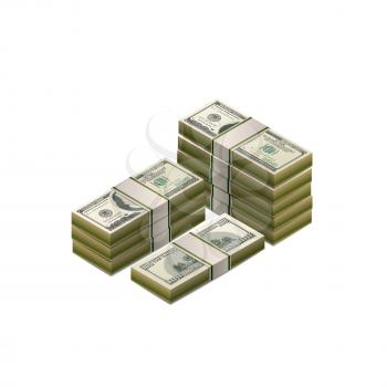 Big heap of one hundred US dollars banknotes, detailed coupure in isometric view isolated on white