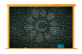 Black school blackboard in wooden frame with lots of chalk math calculations and sponge on shelf isolated on white