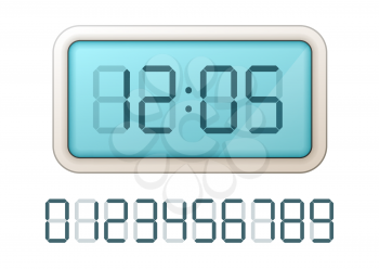 Blue digital clock display with set of retro electronic numbers isolated on white
